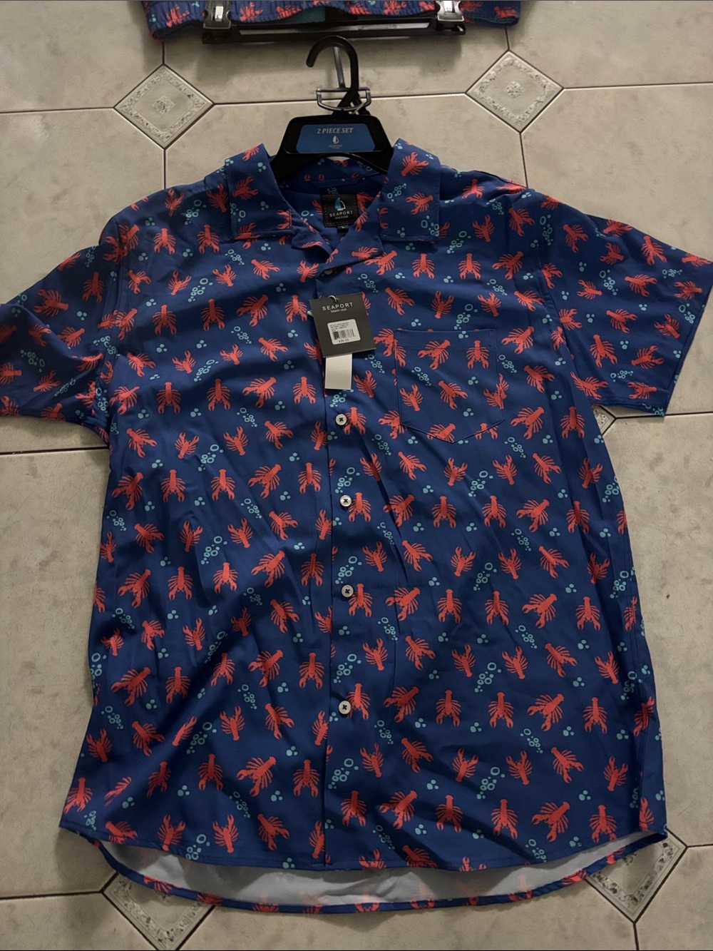 Izod Navy Short-Sleeve Button Shirt with Shorts Red Lobster Print
